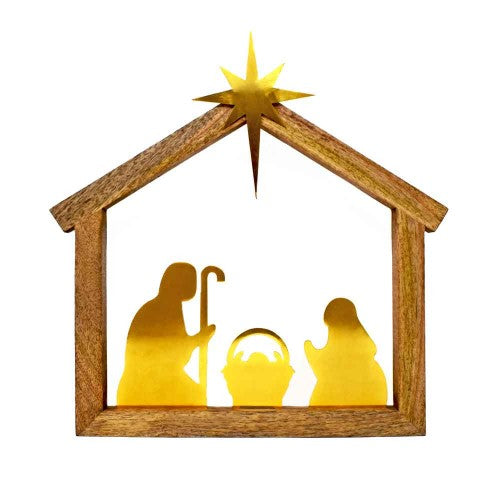 Gold Nativity Scene on Wooden Base