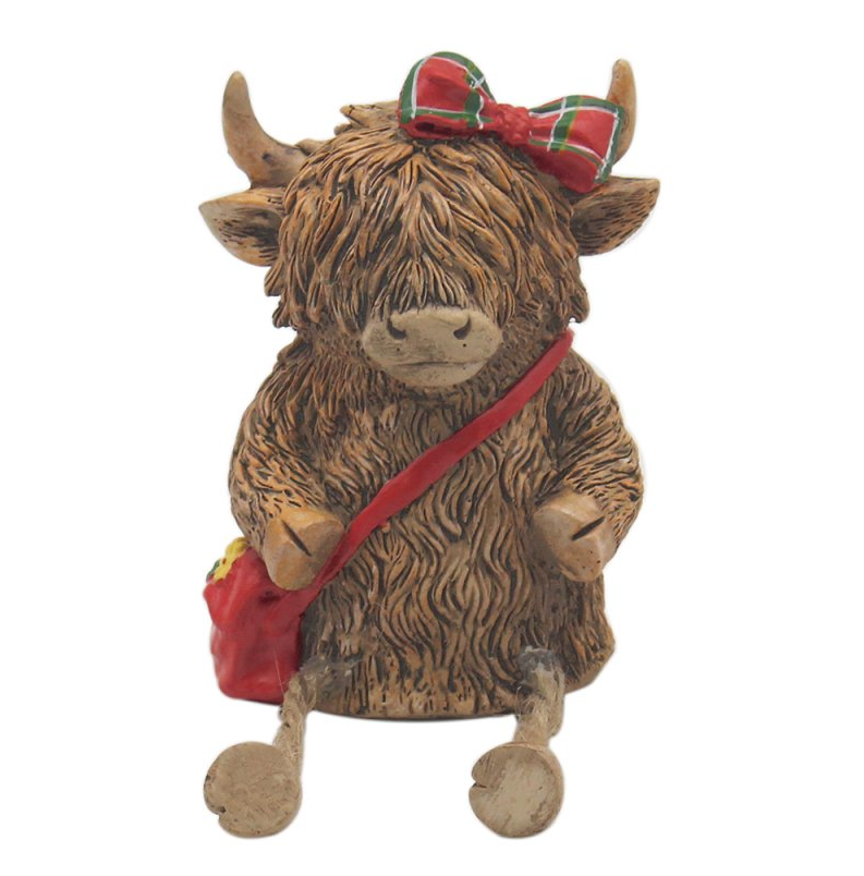Hughie Highland Cow With Tartan Bow and Bag Shelf Sitter