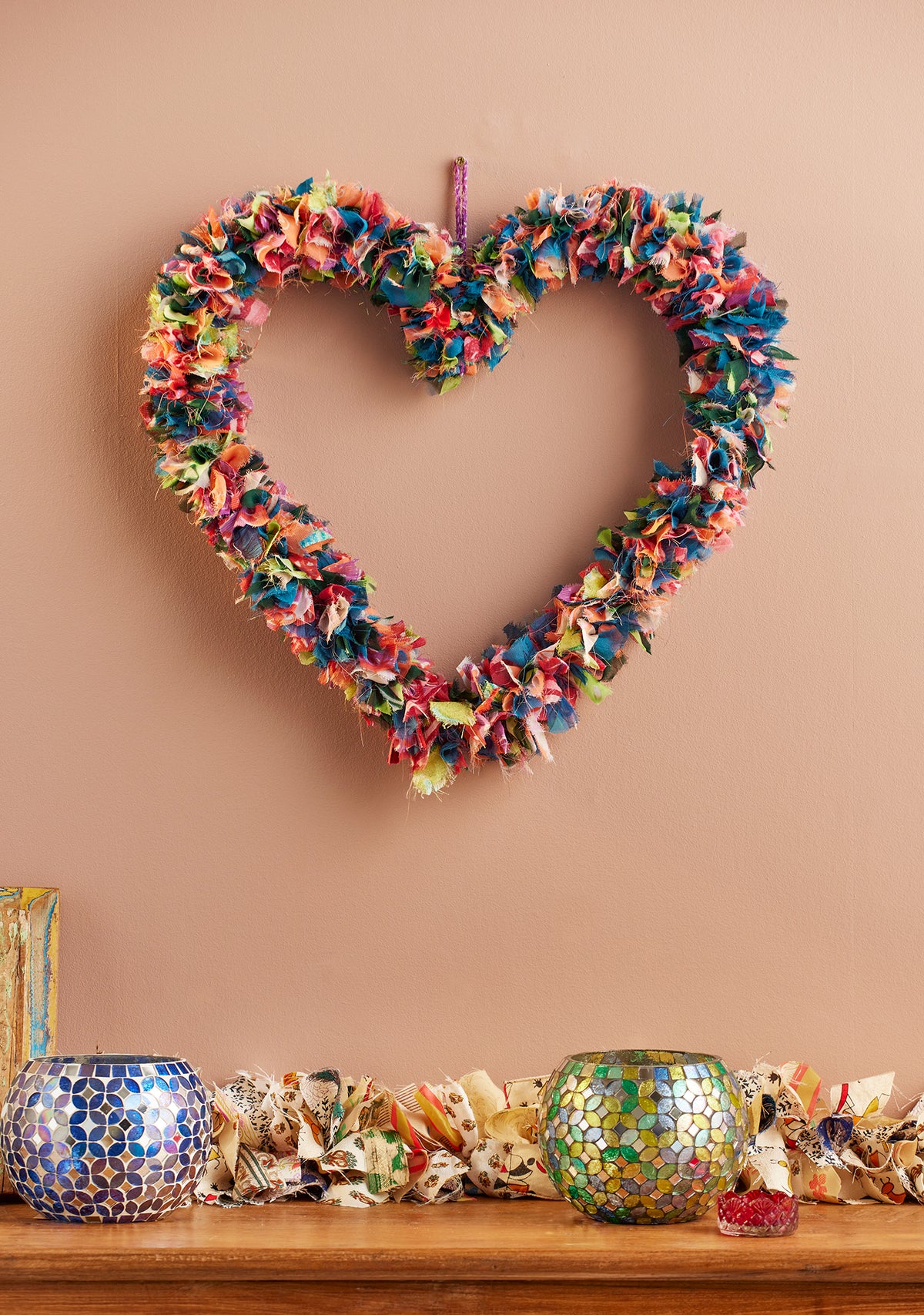 Recycled Sari Heart Wreath - Large, Multicoloured