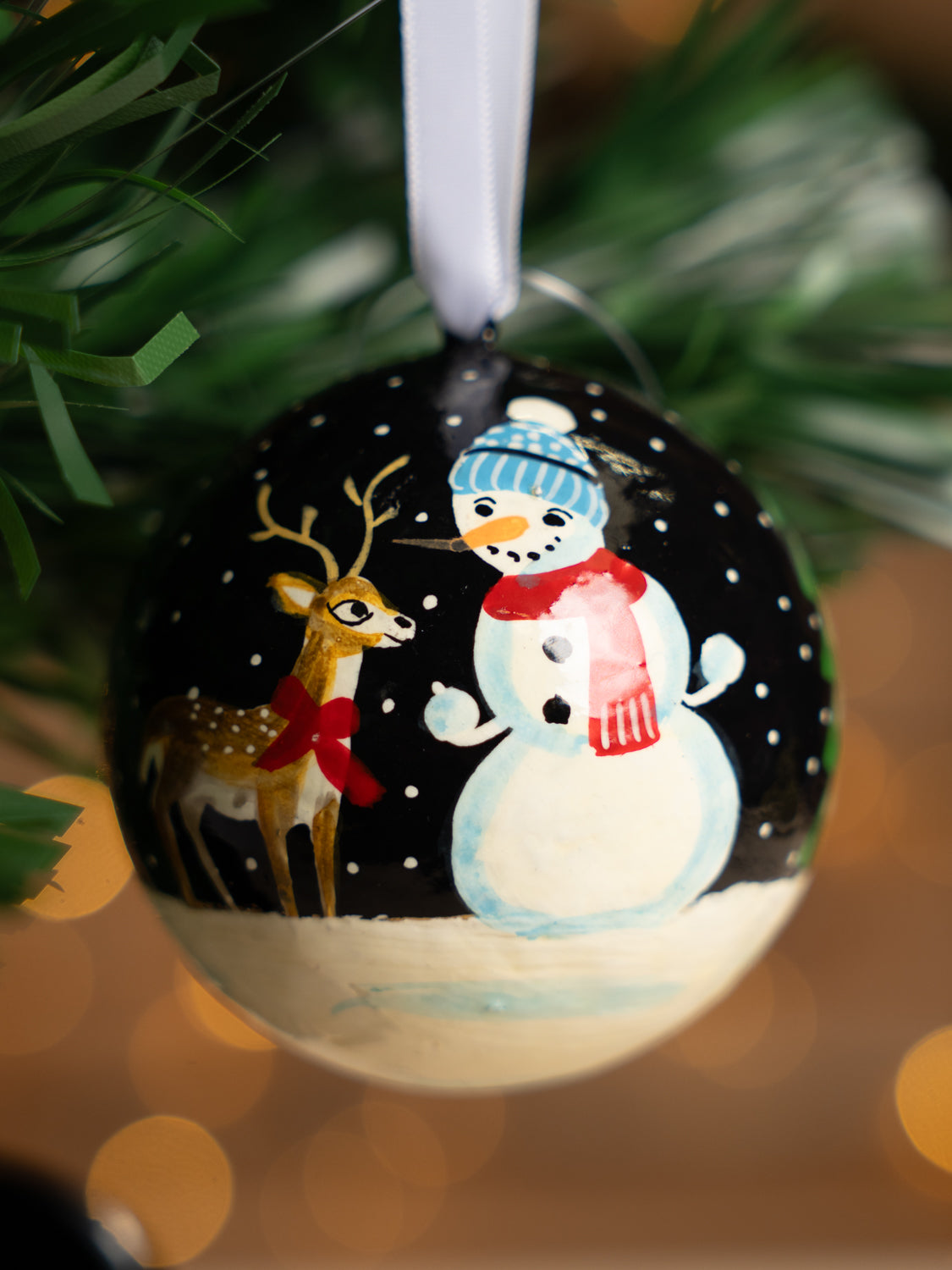 Snowman & Reindeer on Blue Bauble