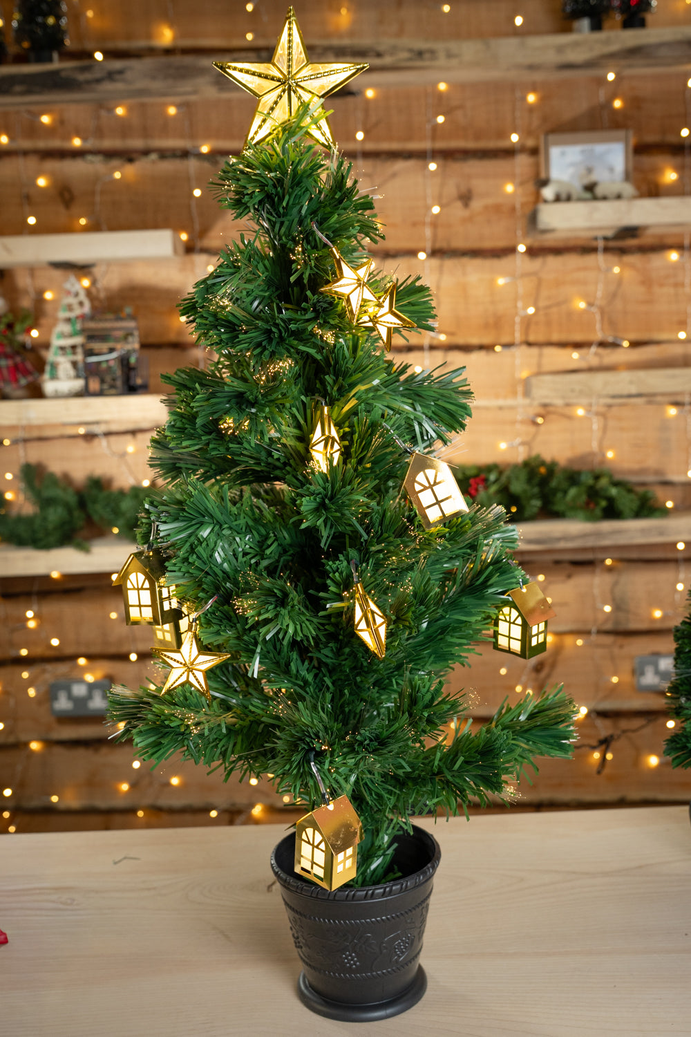 Green Fibre Optic Tree Warm White LED Houses and Stars