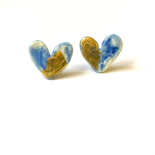 Helen Chalmers Delft Glass and Gold Marble Heart Stud Earrings