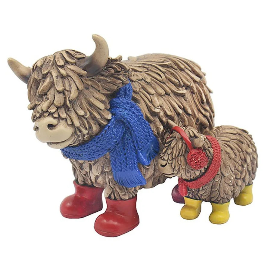 Highland Cow & Baby with Wellies & Scarf