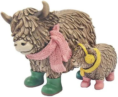 Highland Cow & Baby with Wellies & Scarf