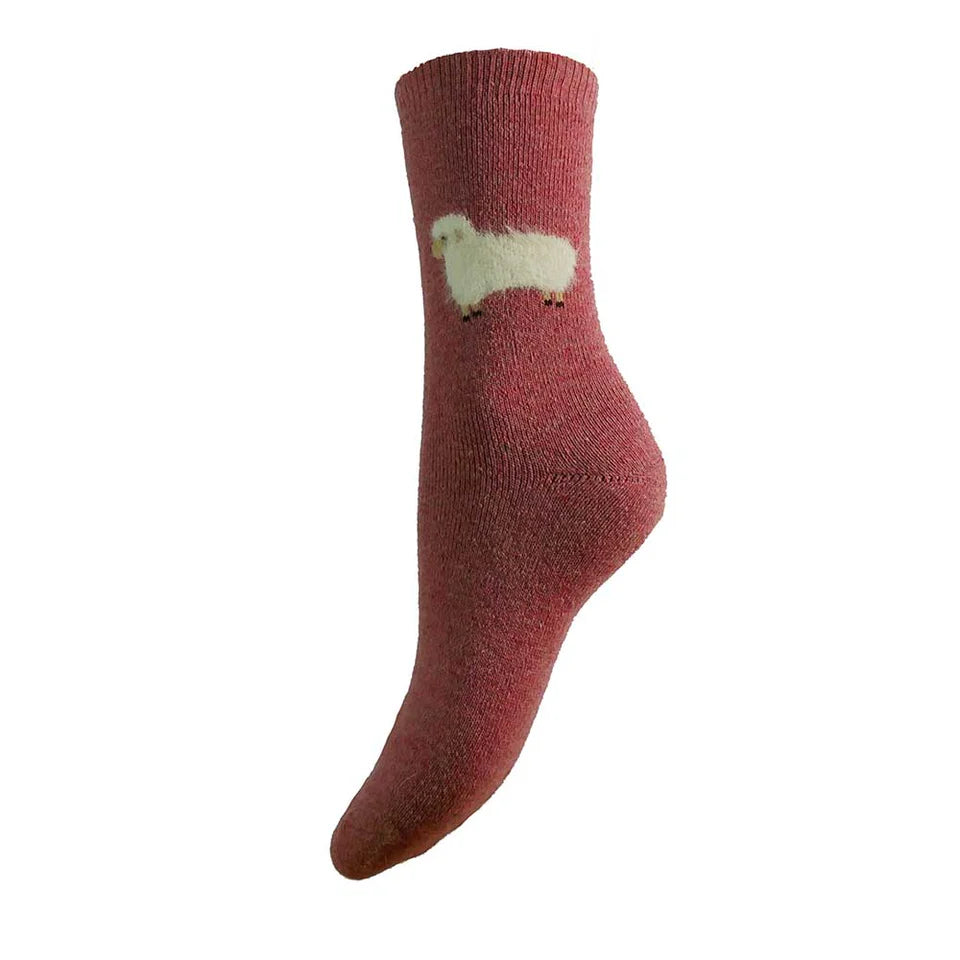 Pink Wool Blend Socks with Fluffy Sheep