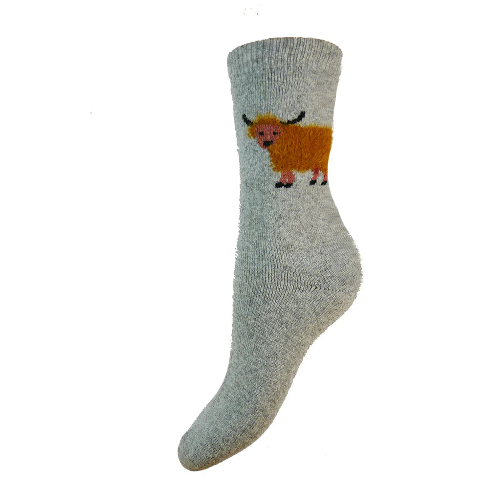 Grey Fluffy Highland Cow Socks